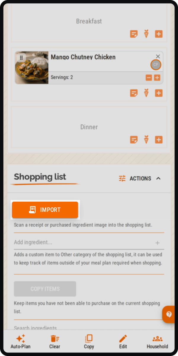 Cenaplan mobile shopping list import action for checking bought ingredients from an uploaded image