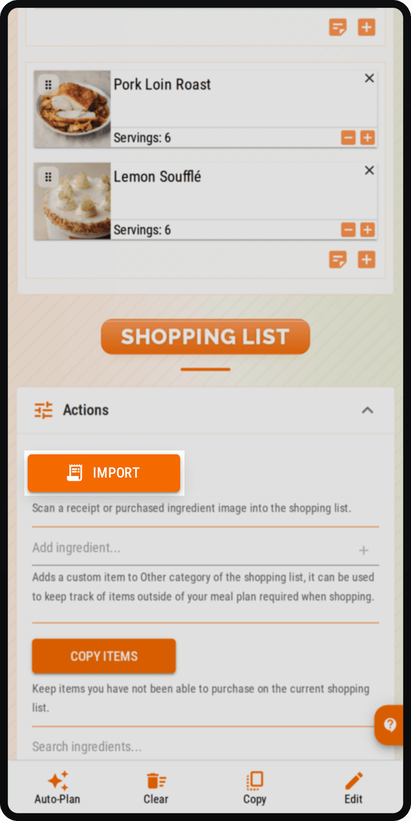 Cenaplan mobile shopping list import action for checking bought ingredients from an uploaded image