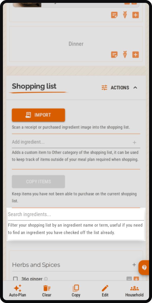 Cenaplan mobile shopping list search action for finding ingredients in the weekly list