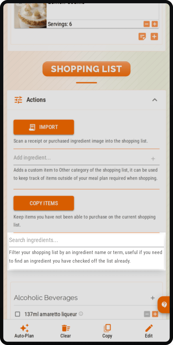 Cenaplan mobile shopping list search action for finding ingredients in the weekly list