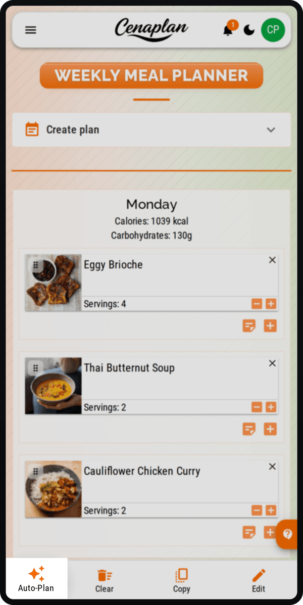 Cenaplan mobile planner Auto-Plan action for filling empty meal slots from recipe rules