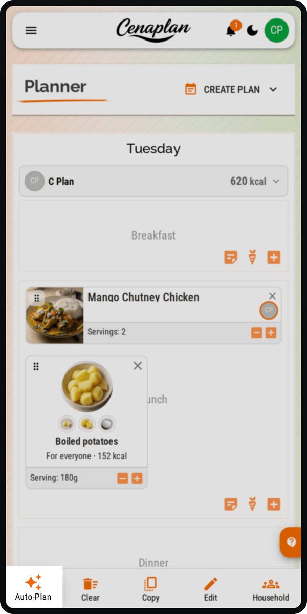 Cenaplan mobile planner Auto-Plan action for filling empty meal slots from recipe rules
