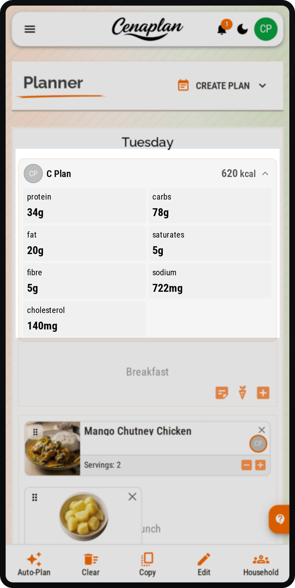 Cenaplan mobile planner day nutrition view