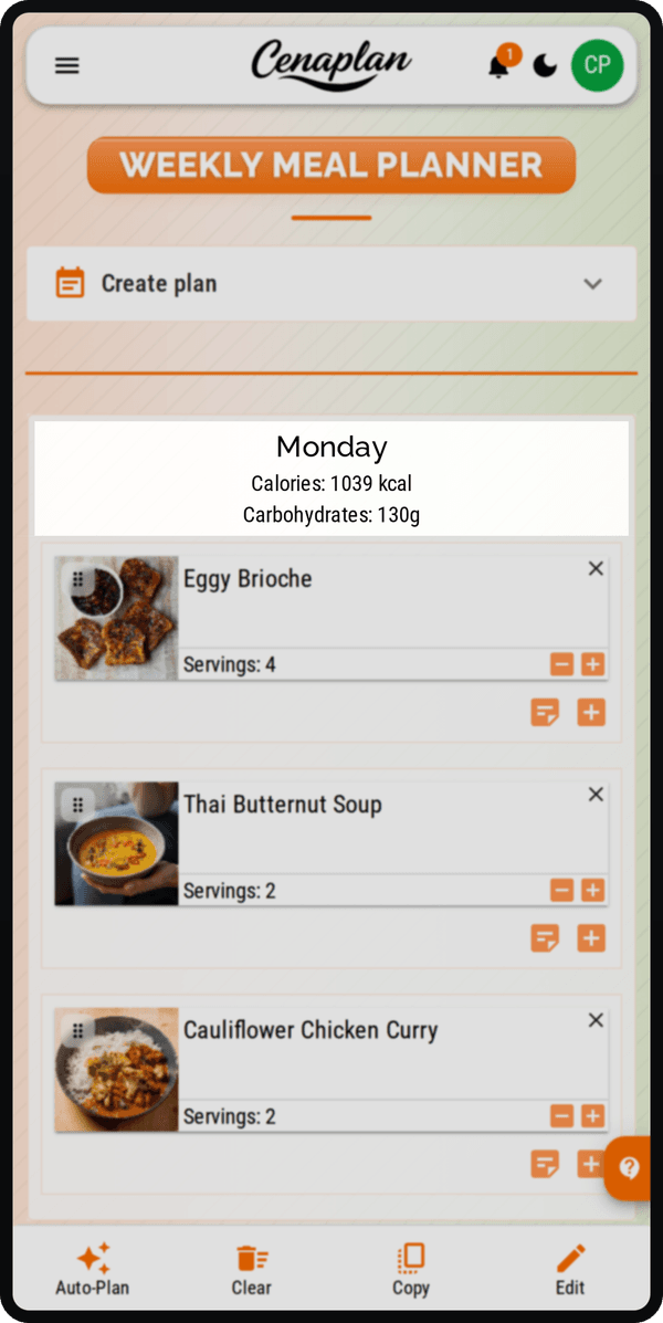 Cenaplan mobile planner day nutrition view