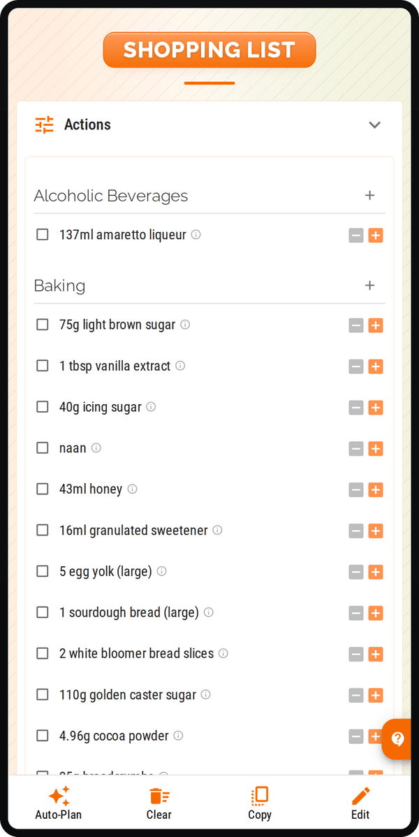 Cenaplan mobile automated shopping list with planned recipe ingredients grouped by category