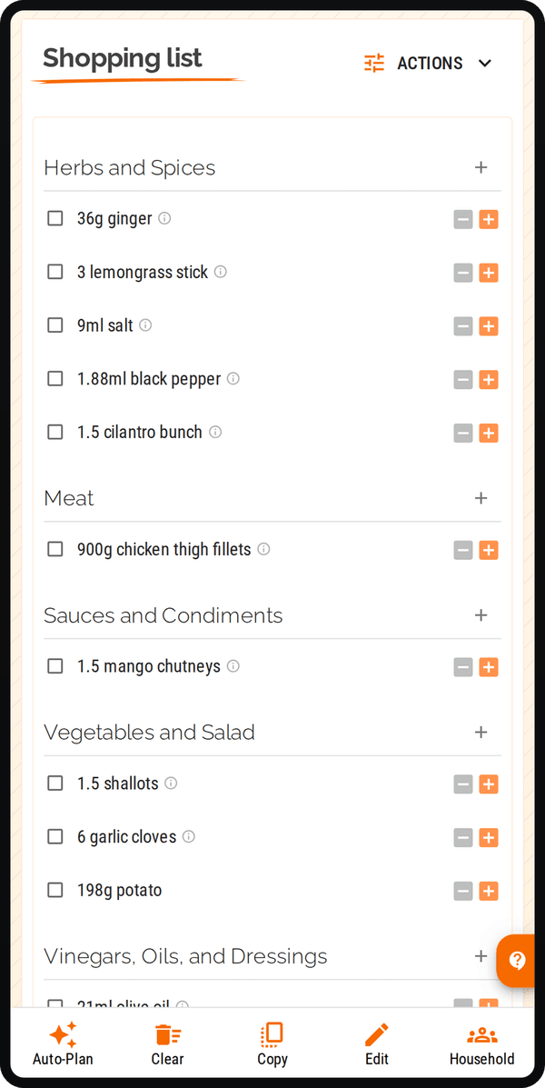 Cenaplan mobile automated shopping list with planned recipe ingredients grouped by category
