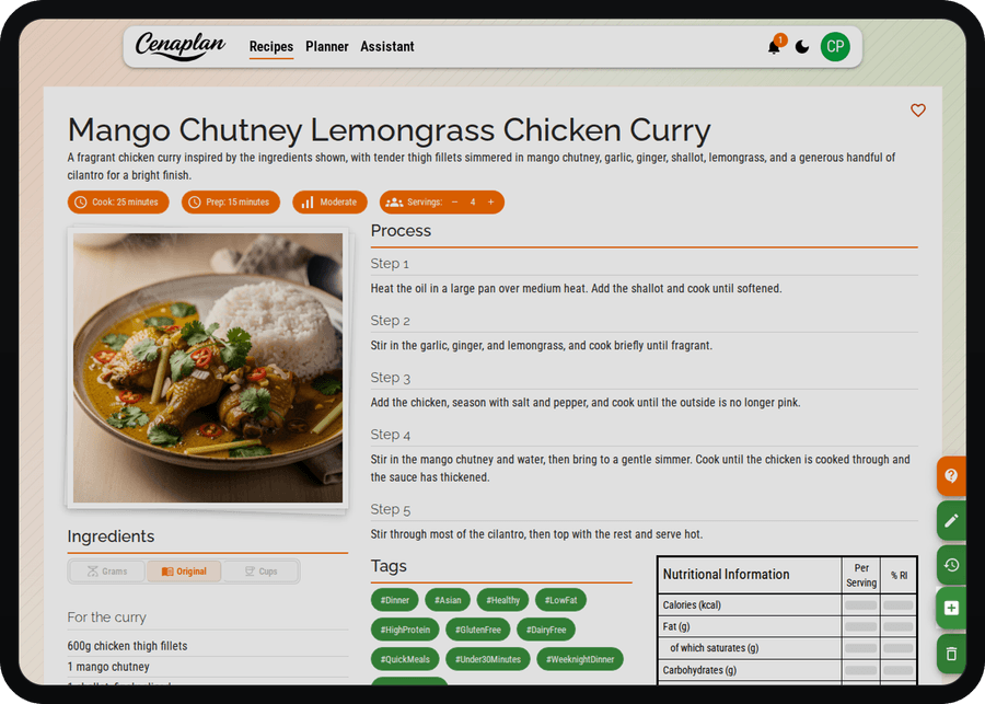 Cenaplan desktop saved recipe action for adding a trusted recipe to the weekly planner