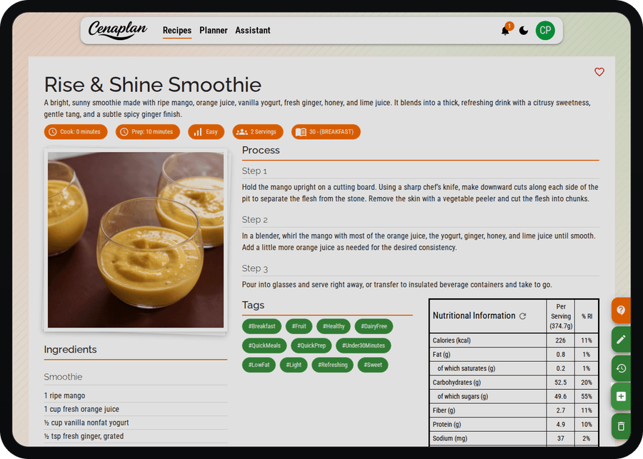Cenaplan desktop saved recipe action for adding a trusted recipe to the weekly planner