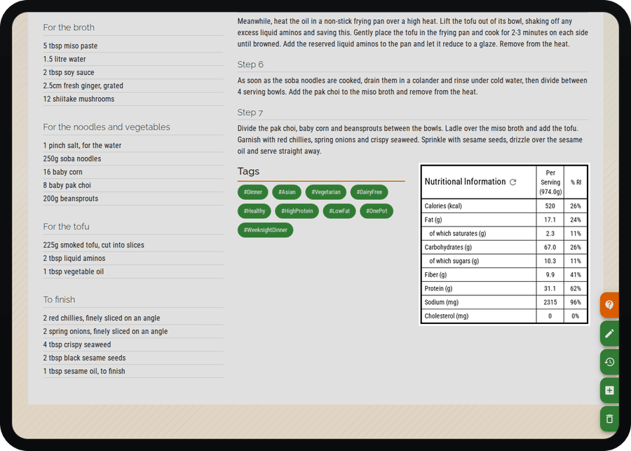 Cenaplan desktop recipe nutrition values