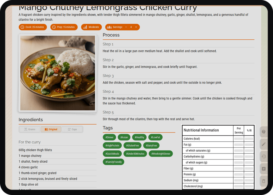 Cenaplan desktop recipe nutrition values