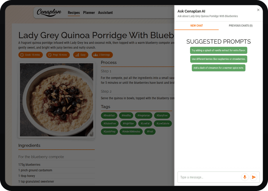 Cenaplan desktop recipe details with assistant refinement actions