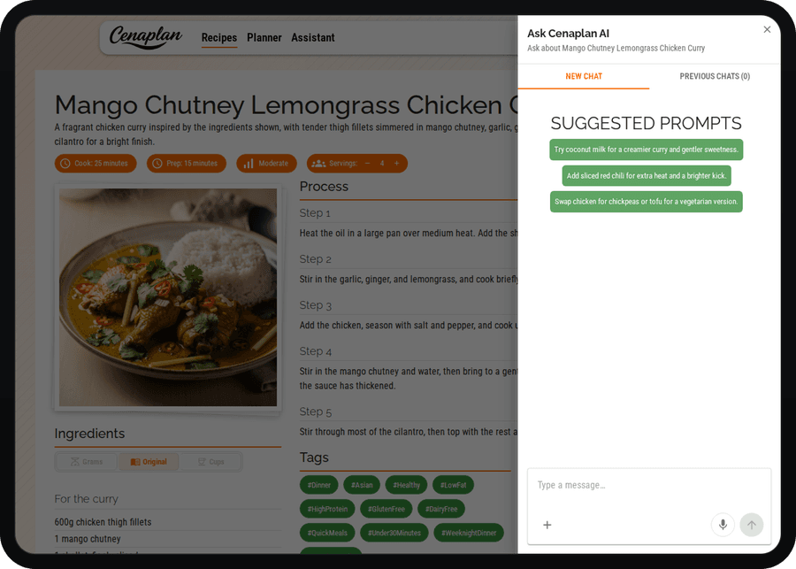 Cenaplan desktop recipe details with assistant refinement actions