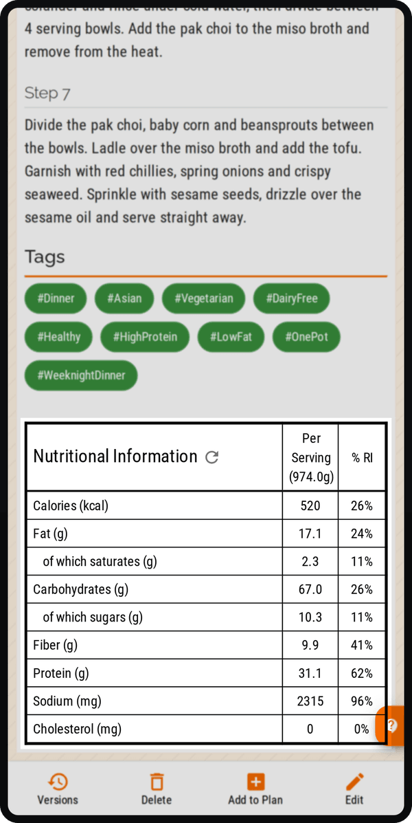 Cenaplan mobile recipe nutrition values