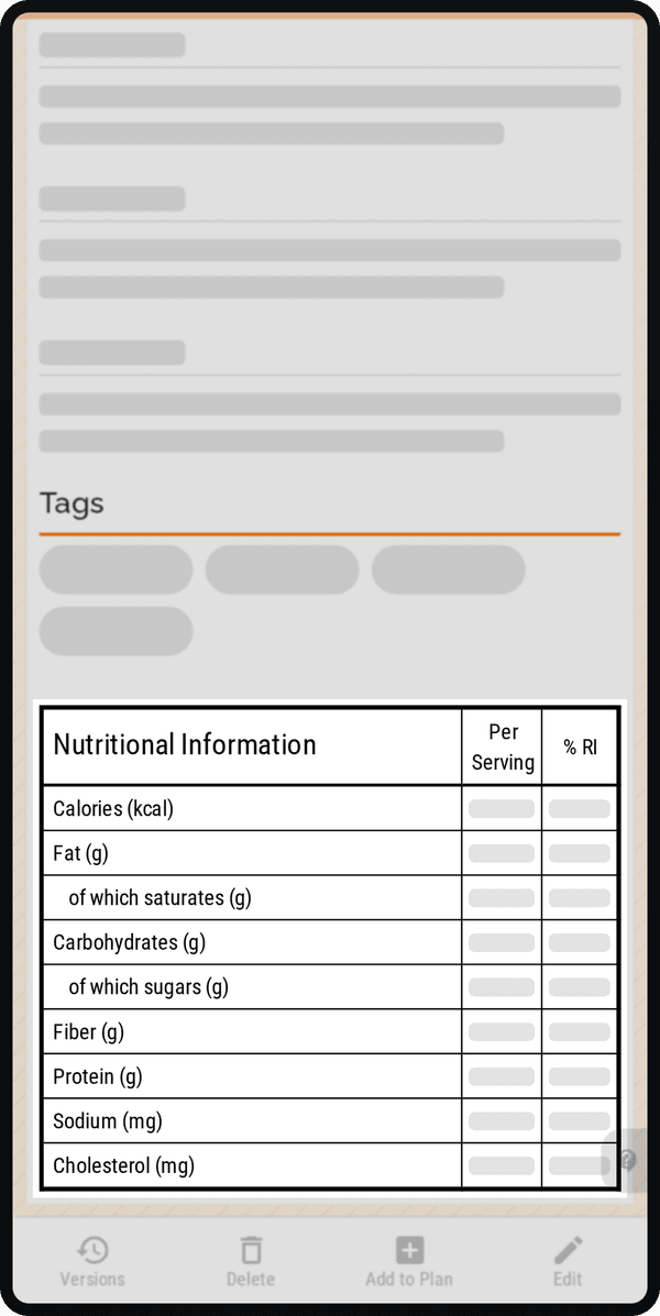 Cenaplan mobile recipe nutrition values
