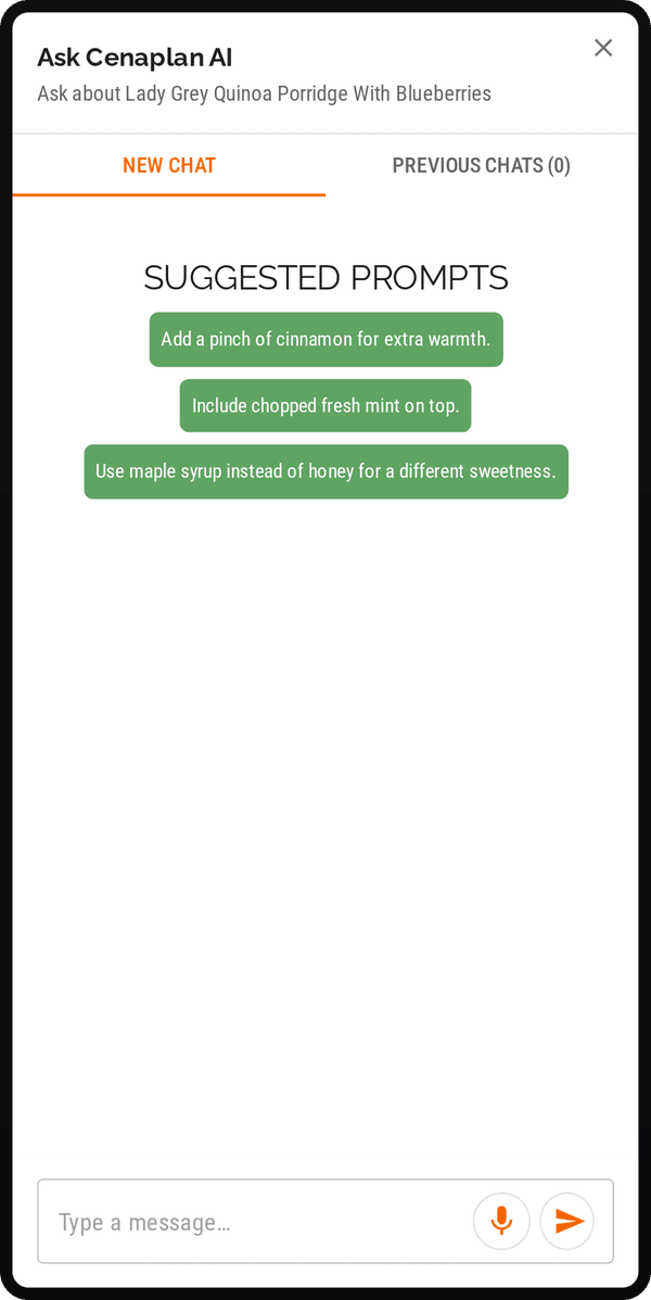 Cenaplan mobile recipe details with assistant refinement actions