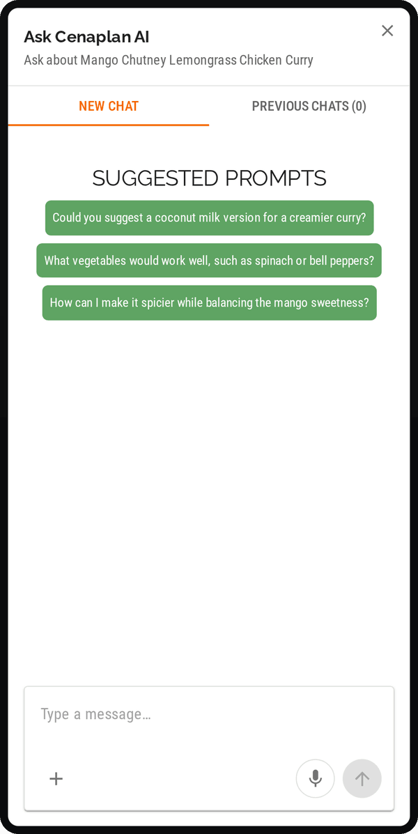 Cenaplan mobile recipe details with assistant refinement actions