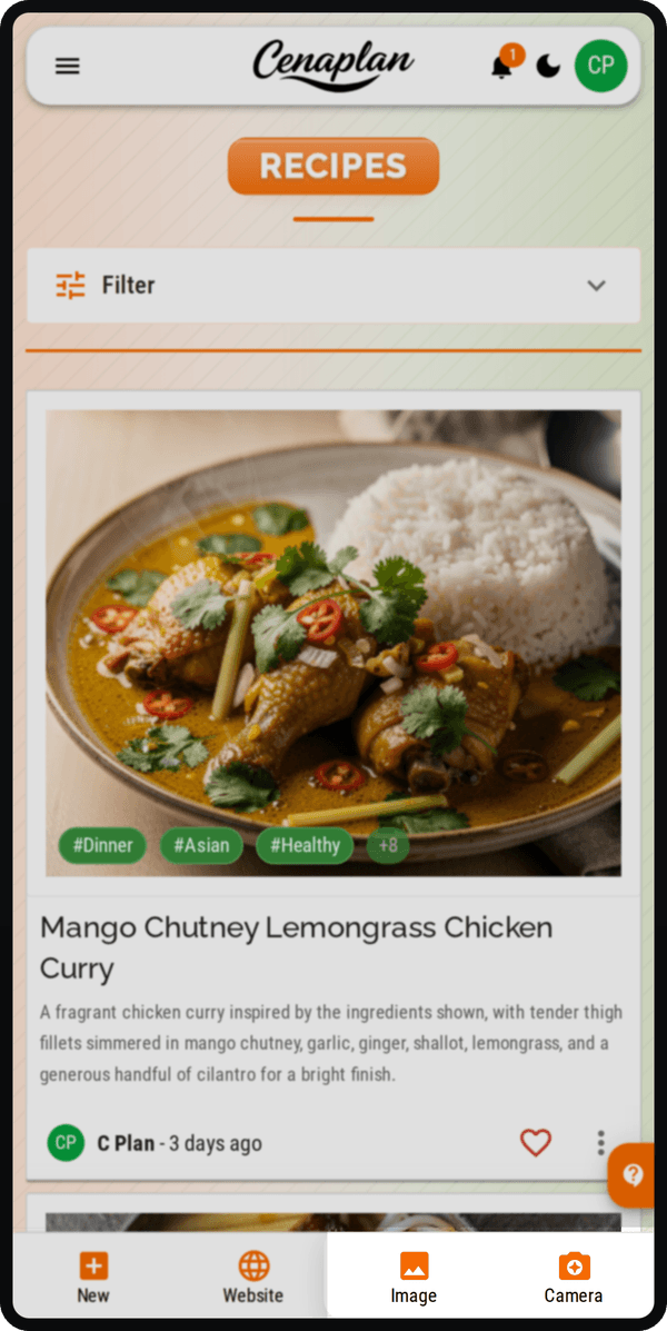 Cenaplan mobile recipe import actions for image and camera capture
