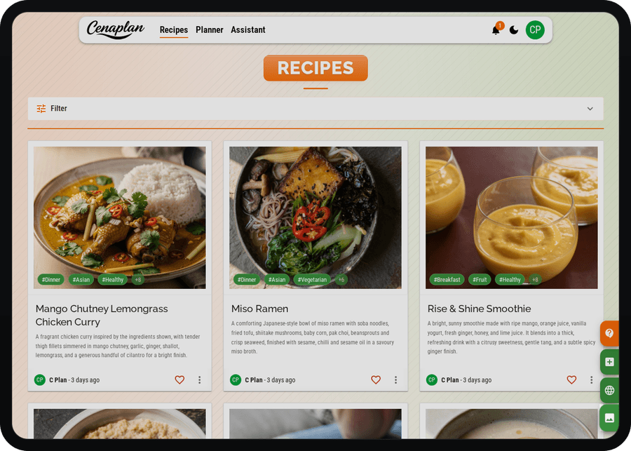 Cenaplan desktop recipe binder image import action for capturing recipes from photos or screenshots