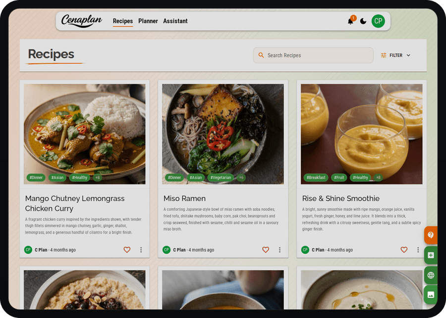 Cenaplan desktop recipe binder overview with saved recipes