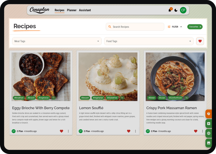 Cenaplan desktop recipe binder filter panel for narrowing saved recipes