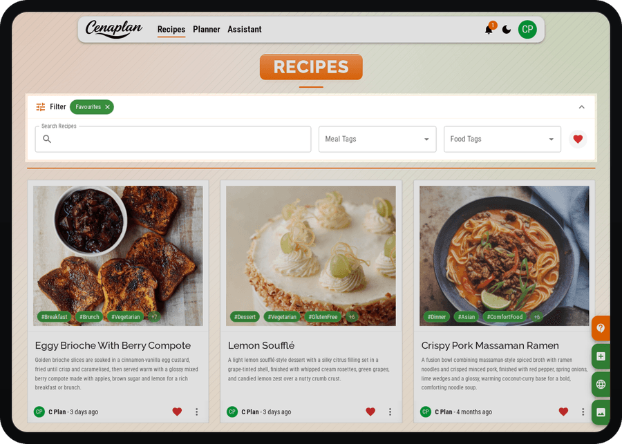 Cenaplan desktop recipe binder showing filter and favourite controls for repeated recipes
