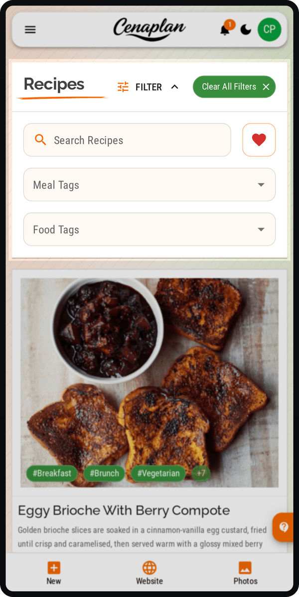 Cenaplan mobile favourites filter for saved recipes