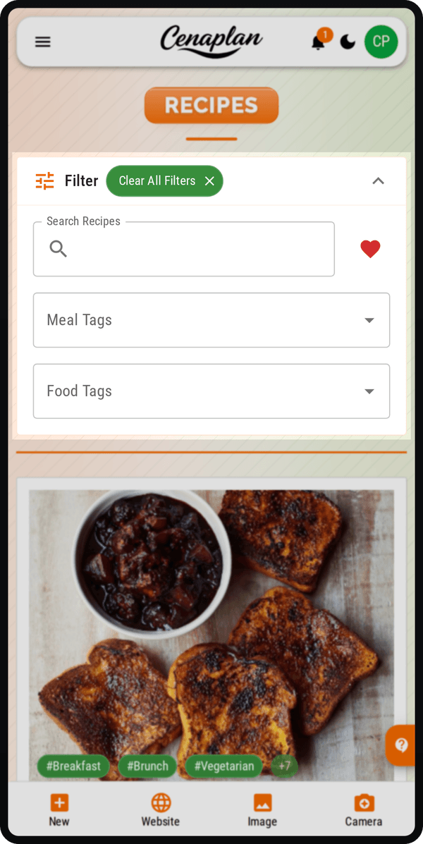 Cenaplan mobile recipe binder showing the favourites filter for repeated recipes