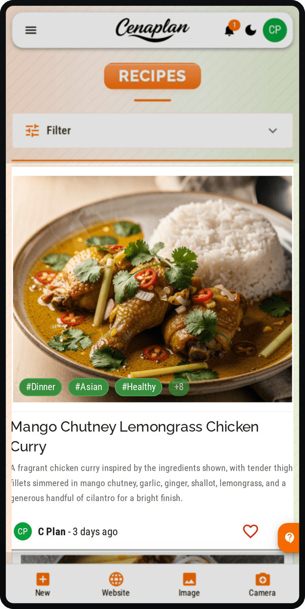 Cenaplan mobile saved recipe card created from inspiration