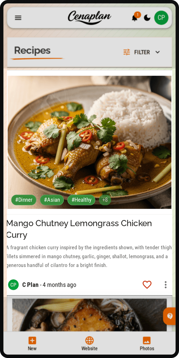Cenaplan mobile saved recipe card created from inspiration