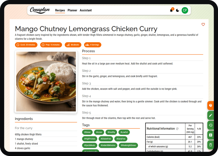 Cenaplan desktop generated recipe result