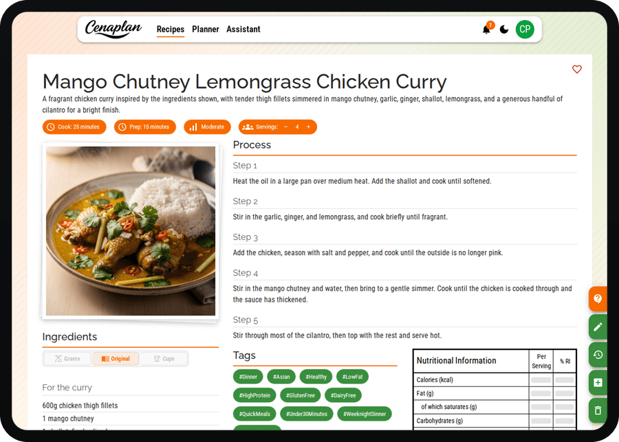 Cenaplan desktop generated recipe result
