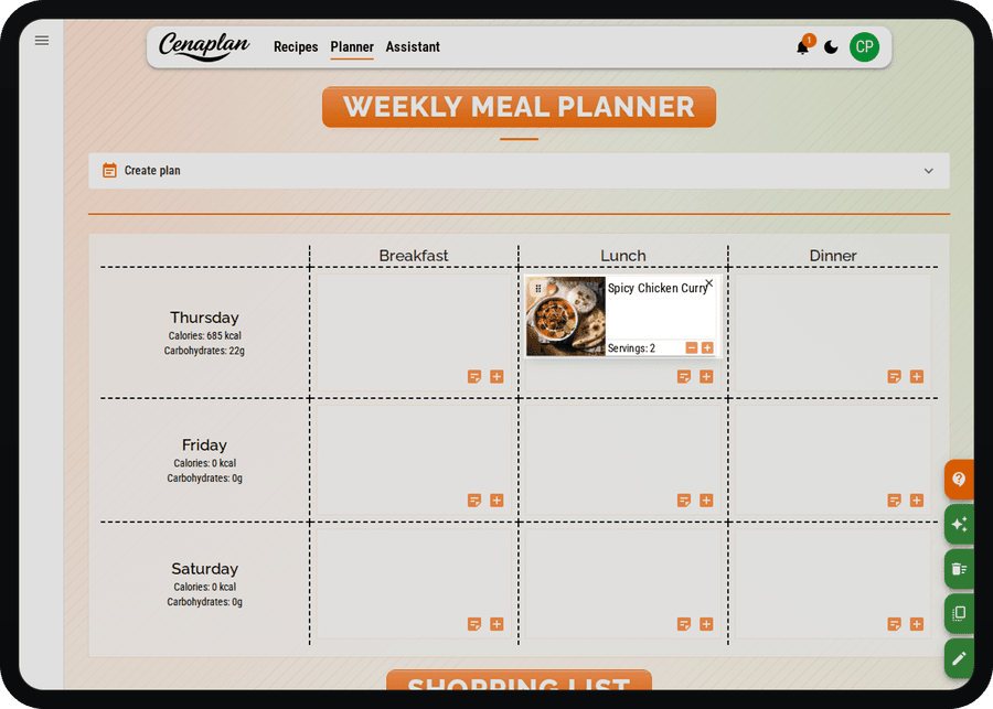 Cenaplan desktop planner with a recipe placed into a meal slot