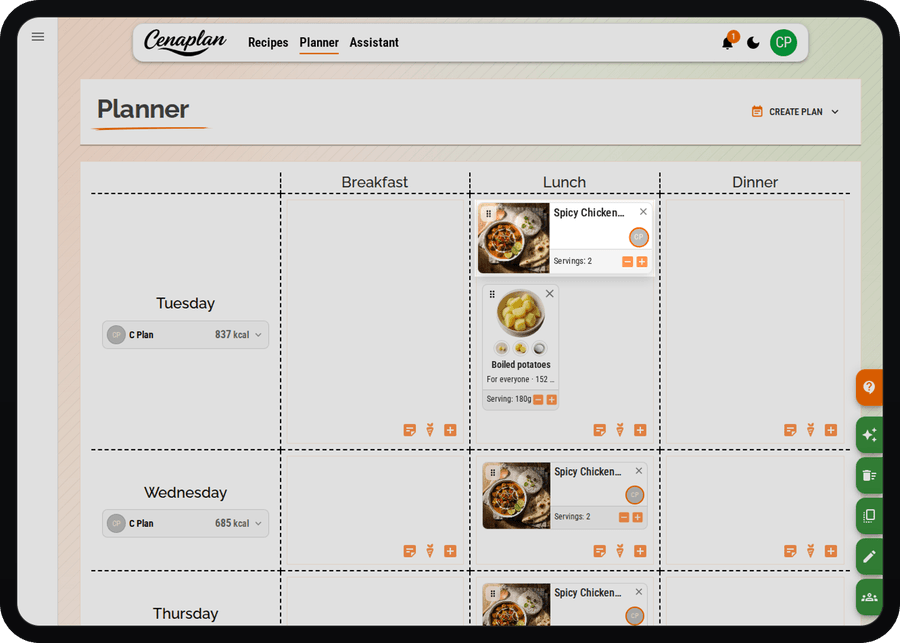 Cenaplan desktop planner with a recipe placed into a meal slot