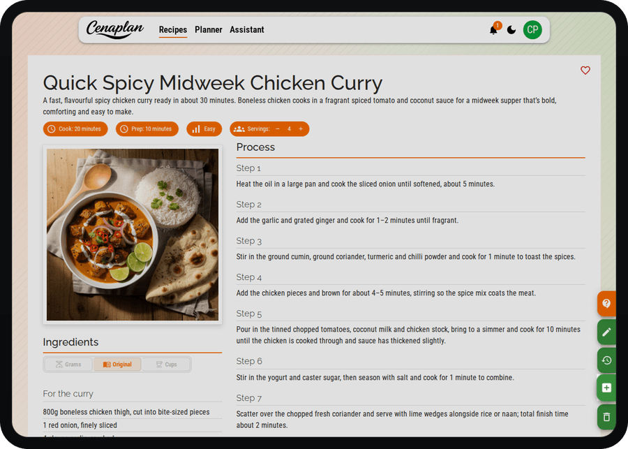 Cenaplan desktop saved recipe action for adding a recipe to the planner