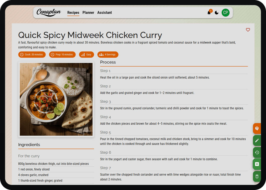 Cenaplan desktop saved recipe action for adding a recipe to the planner