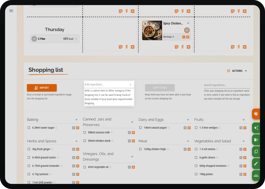 Cenaplan desktop shopping list actions for adding custom items