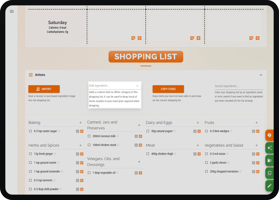 Cenaplan desktop shopping list actions for adding custom items