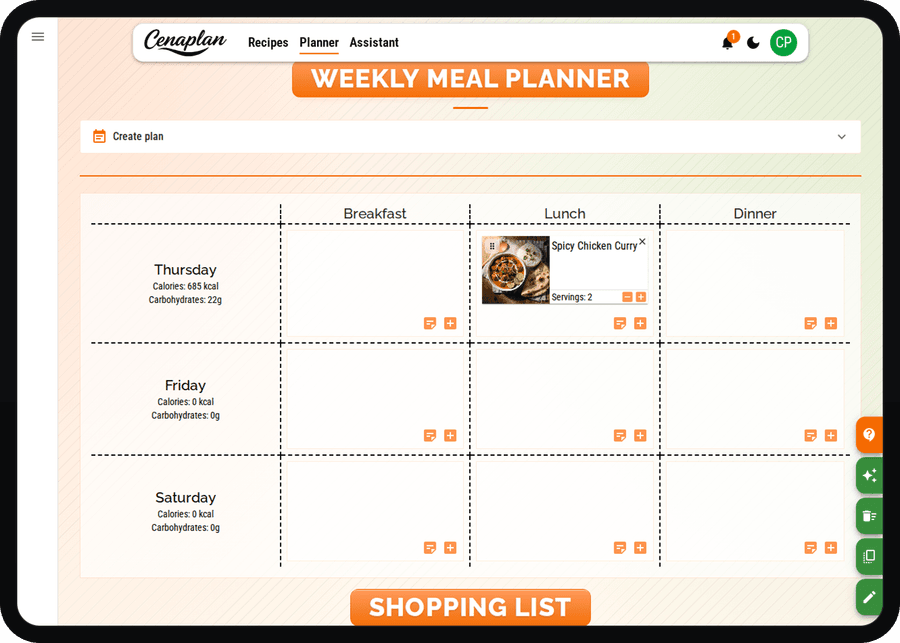 Cenaplan desktop shopping list generated from a planned recipe