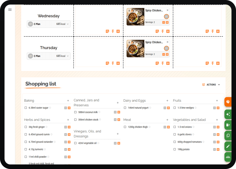 Cenaplan desktop shopping list generated from a planned recipe