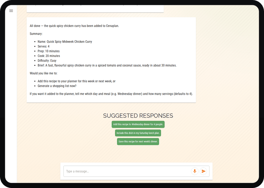 Cenaplan desktop assistant conversation with a recipe idea