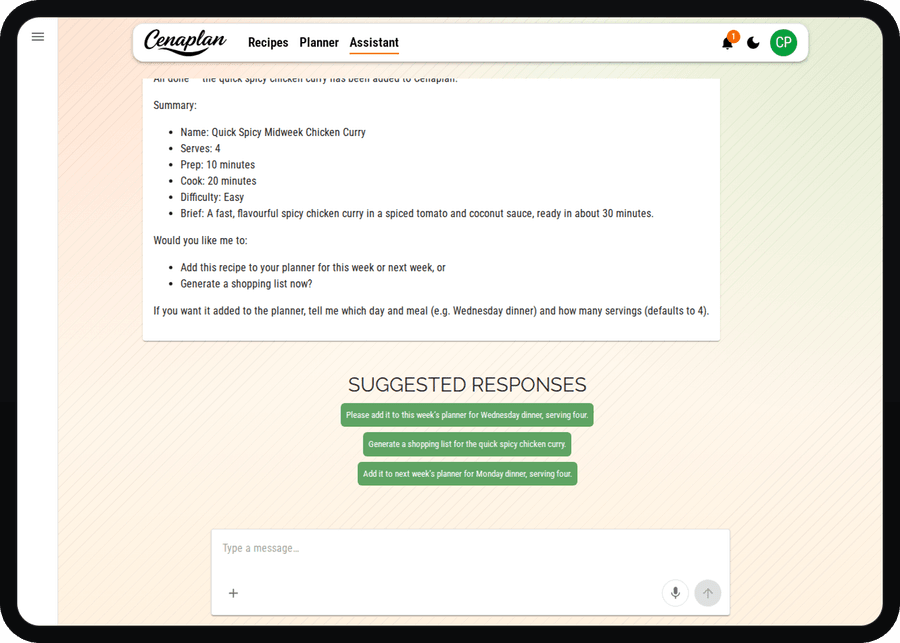 Cenaplan desktop assistant conversation with a recipe idea