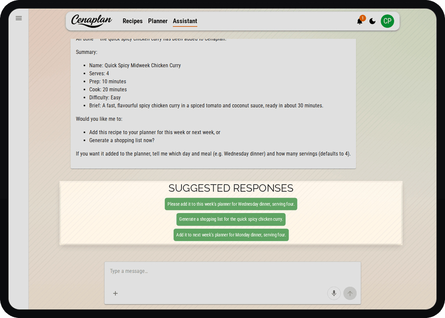 Cenaplan desktop assistant suggested next actions